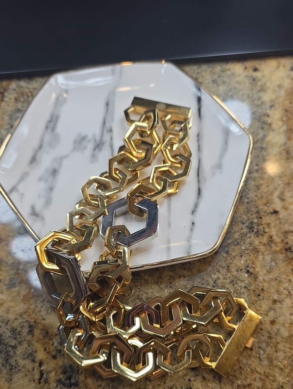 Tory Burch Gold and Silver Interlocking Hex Link Bracelet